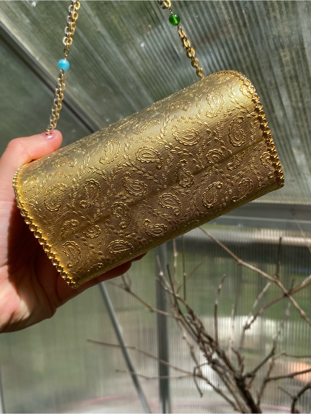 Vintage Italy Gold Metal Paisley Embossed Evening Shoulder Bag Minaudière - Picture 11 of 17
